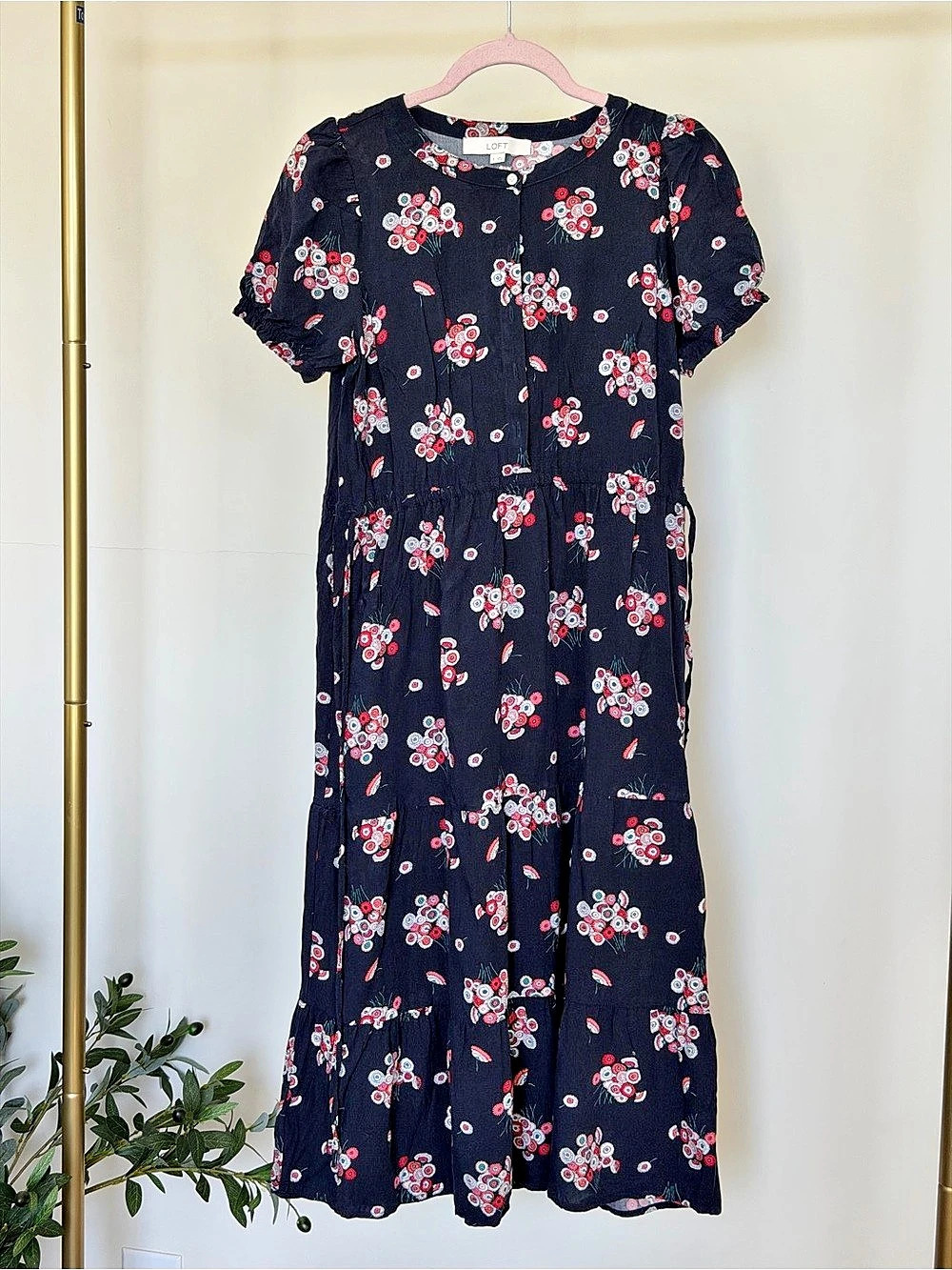 LOFT Floral Midi Dress in Blue & Pink Size Medium